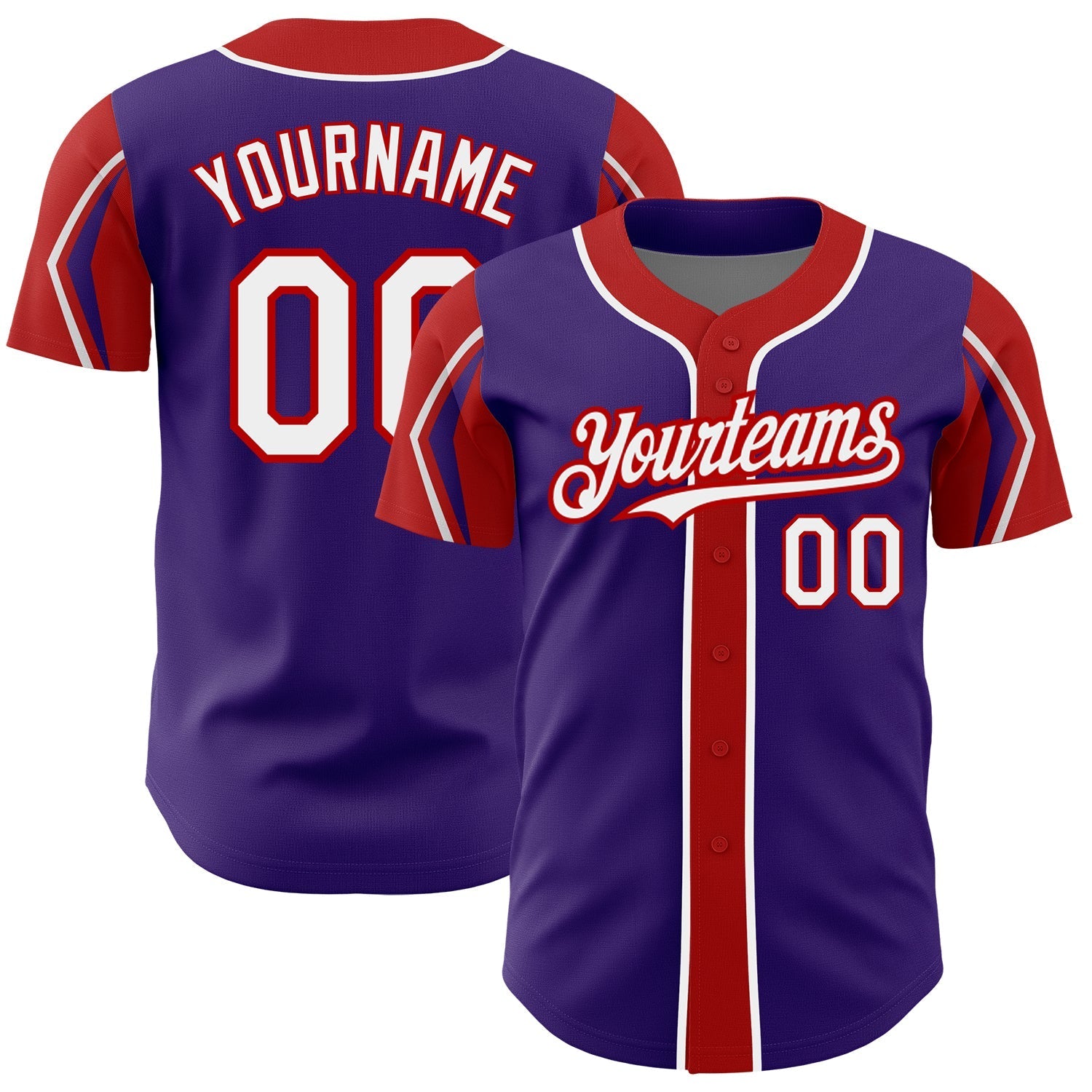 Custom Purple White-Red 3 Colors Arm Shapes Authentic Baseball Jersey baseball jersey product view 1