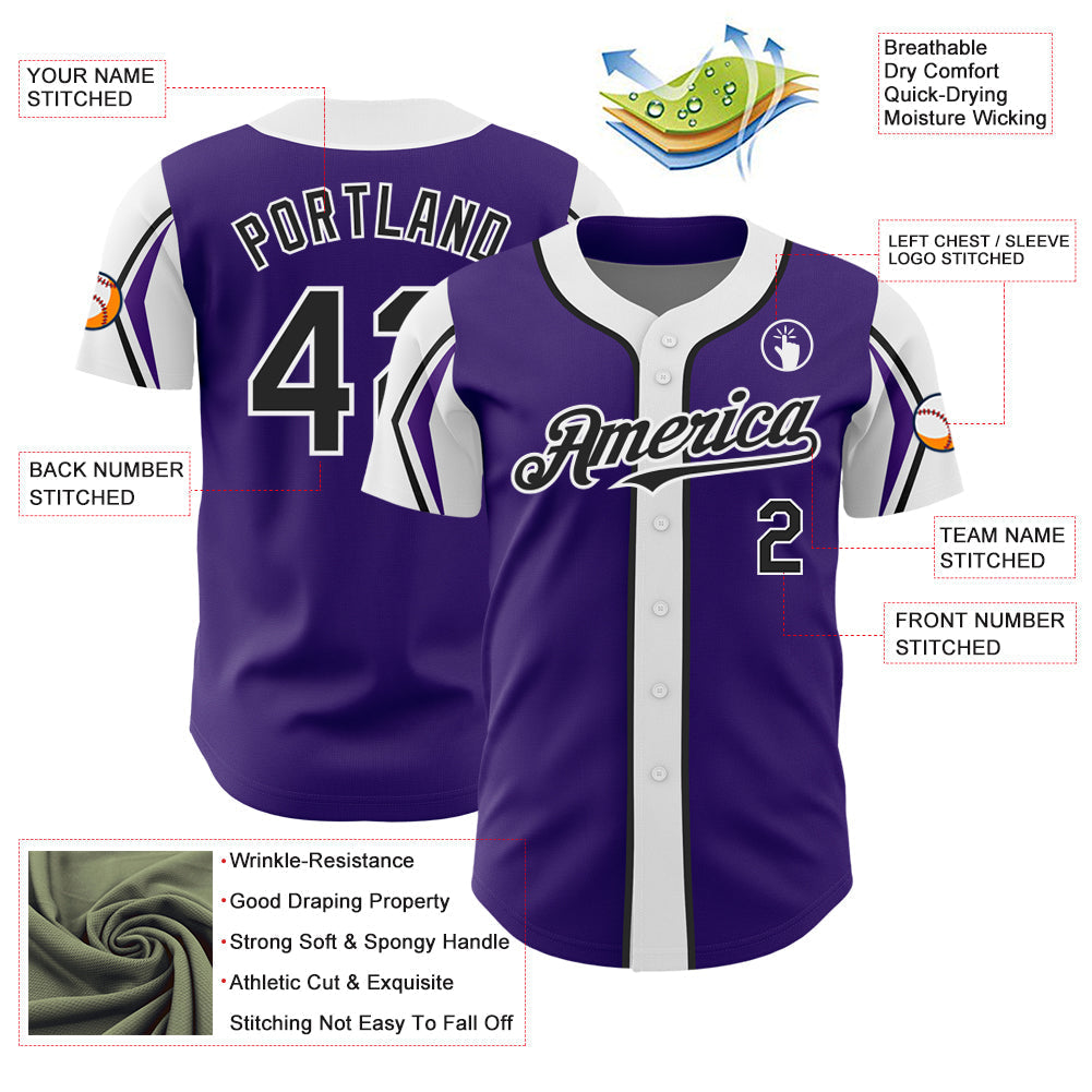 Custom Purple Black-White 3 Colors Arm Shapes Authentic Baseball Jersey baseball jersey product view 4