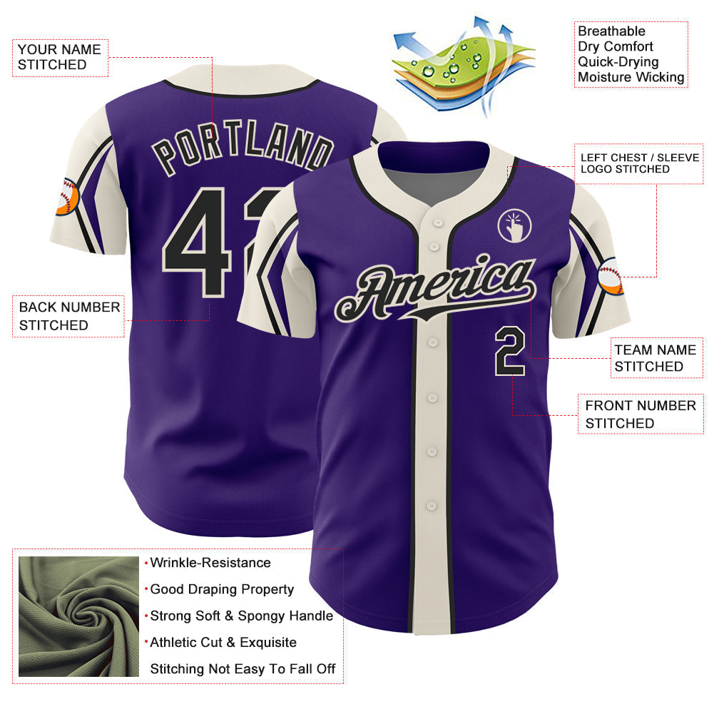 Custom Purple Black-Cream 3 Colors Arm Shapes Authentic Baseball Jersey baseball jersey product view 4