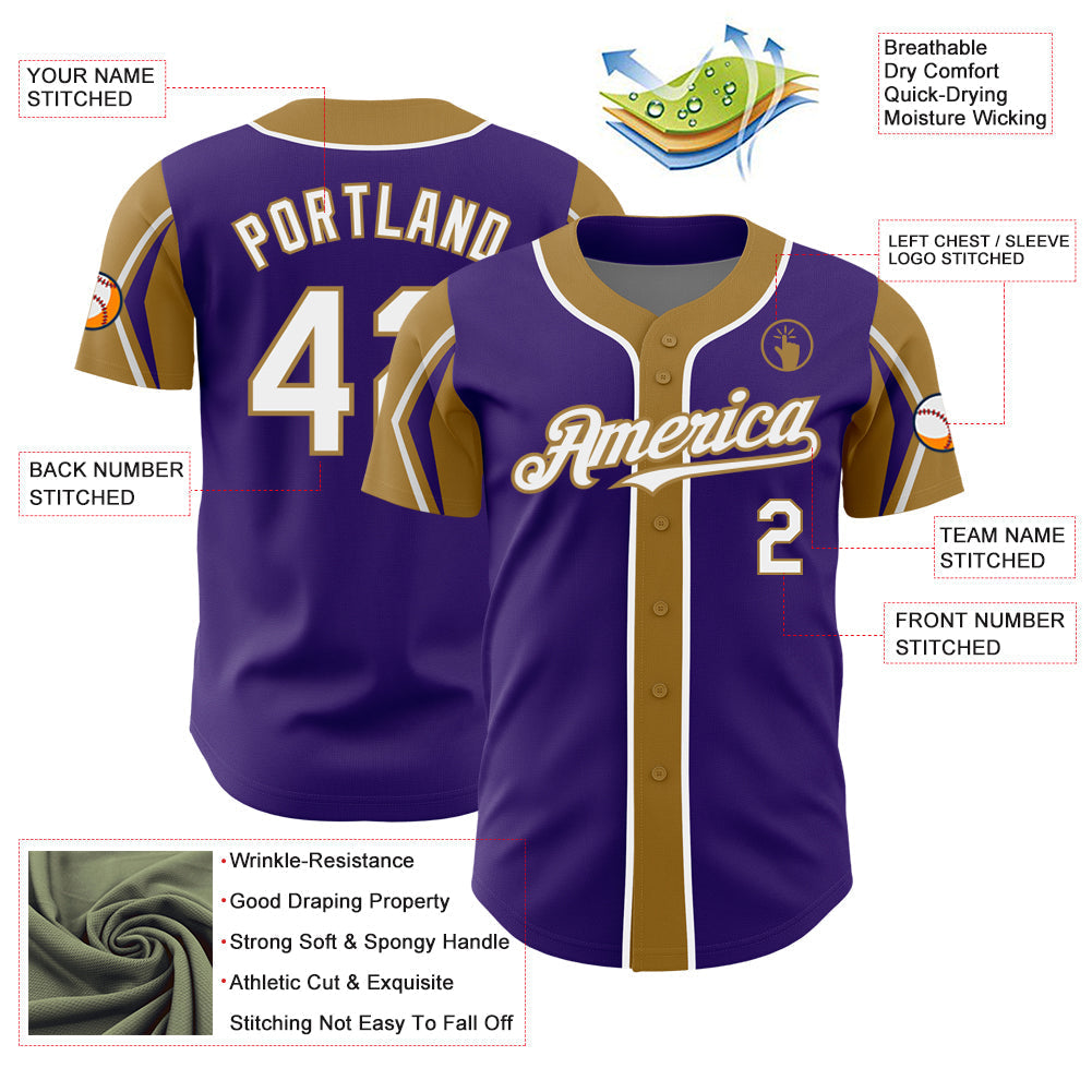 Custom Purple White-Old Gold 3 Colors Arm Shapes Authentic Baseball Jersey baseball jersey product view 4