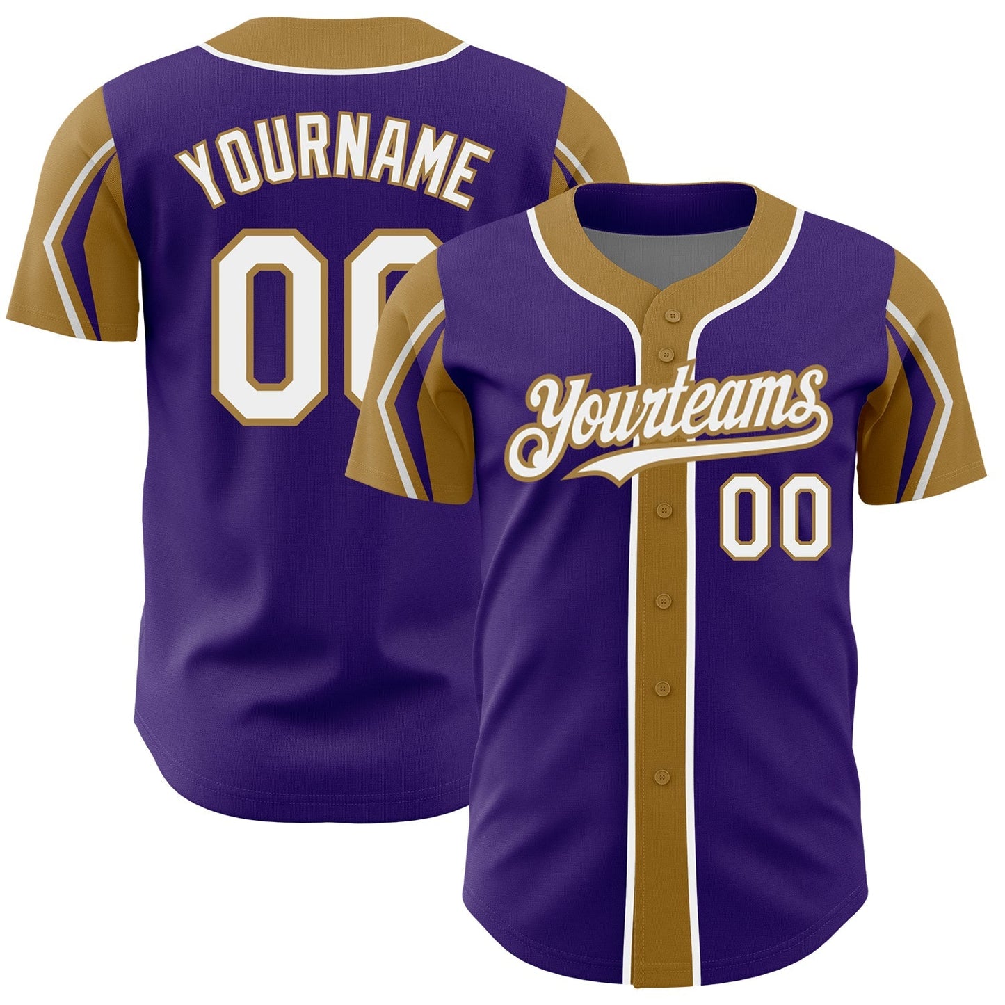 Custom Purple White-Old Gold 3 Colors Arm Shapes Authentic Baseball Jersey baseball jersey product view 1