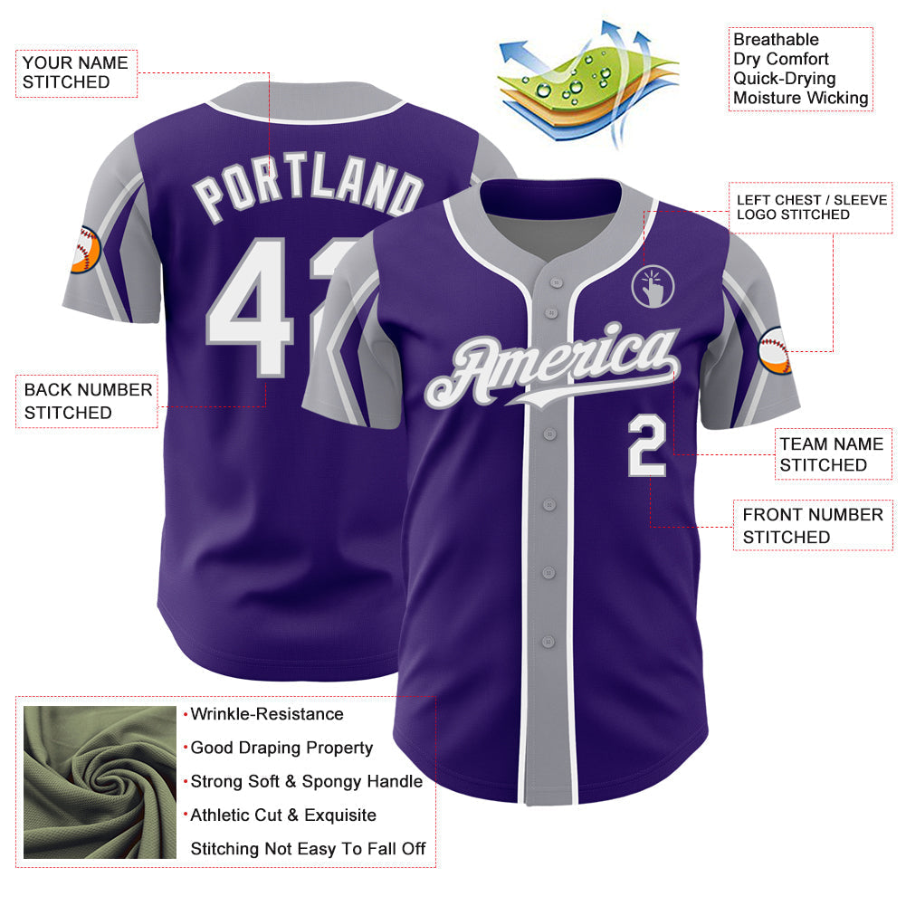 Custom Purple White-Gray 3 Colors Arm Shapes Authentic Baseball Jersey baseball jersey product view 4