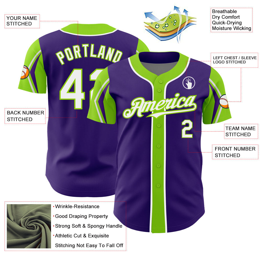 Custom Purple White-Neon Green 3 Colors Arm Shapes Authentic Baseball Jersey baseball jersey product view 4