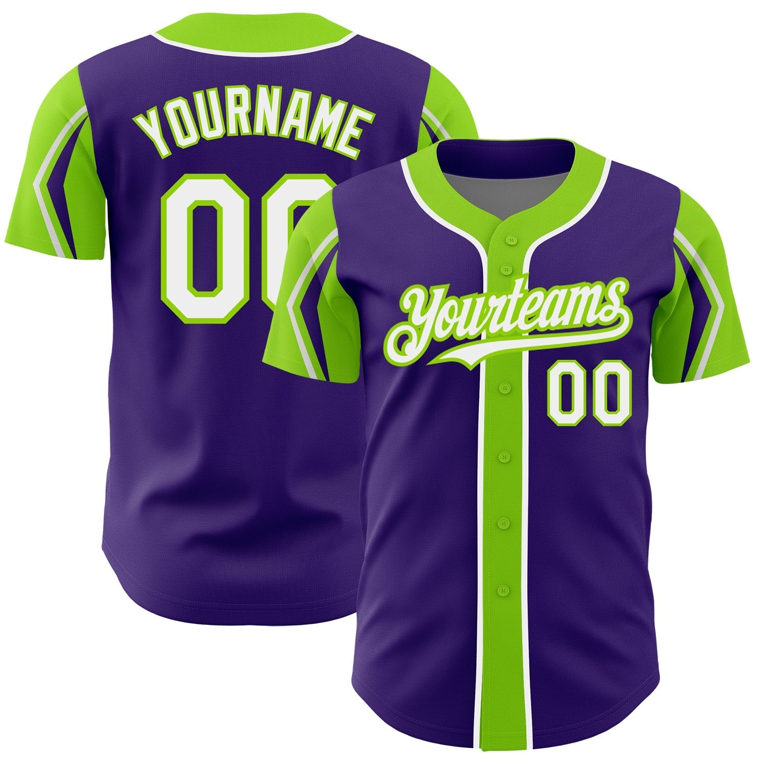 Custom Purple White-Neon Green 3 Colors Arm Shapes Authentic Baseball Jersey baseball jersey product view 1