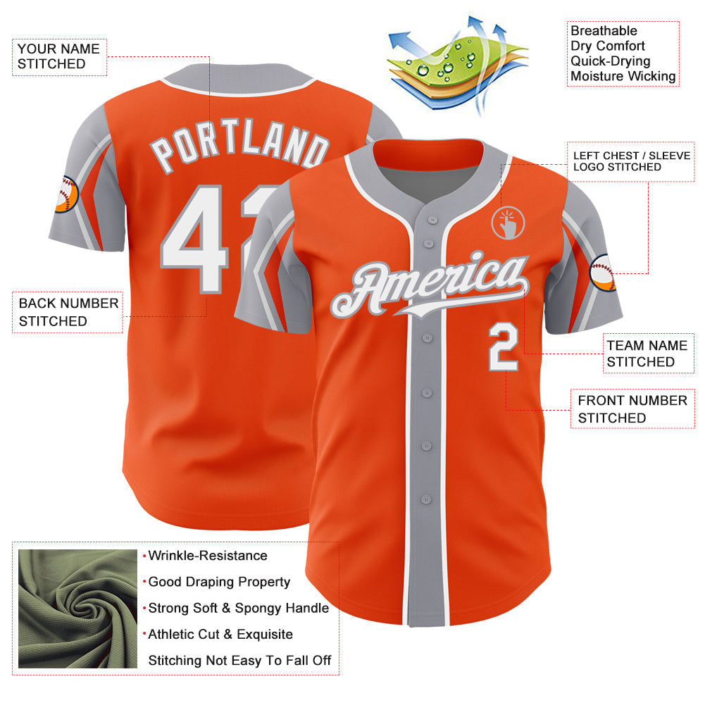 Custom Orange White-Gray 3 Colors Arm Shapes Authentic Baseball Jersey baseball jersey product view 4