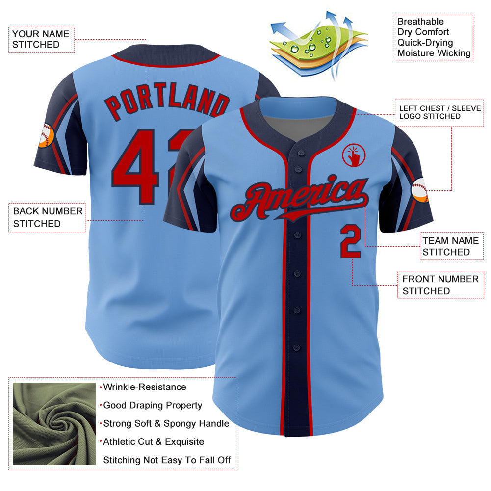 Custom Light Blue Red-Navy 3 Colors Arm Shapes Authentic Baseball Jersey baseball jersey product view 4
