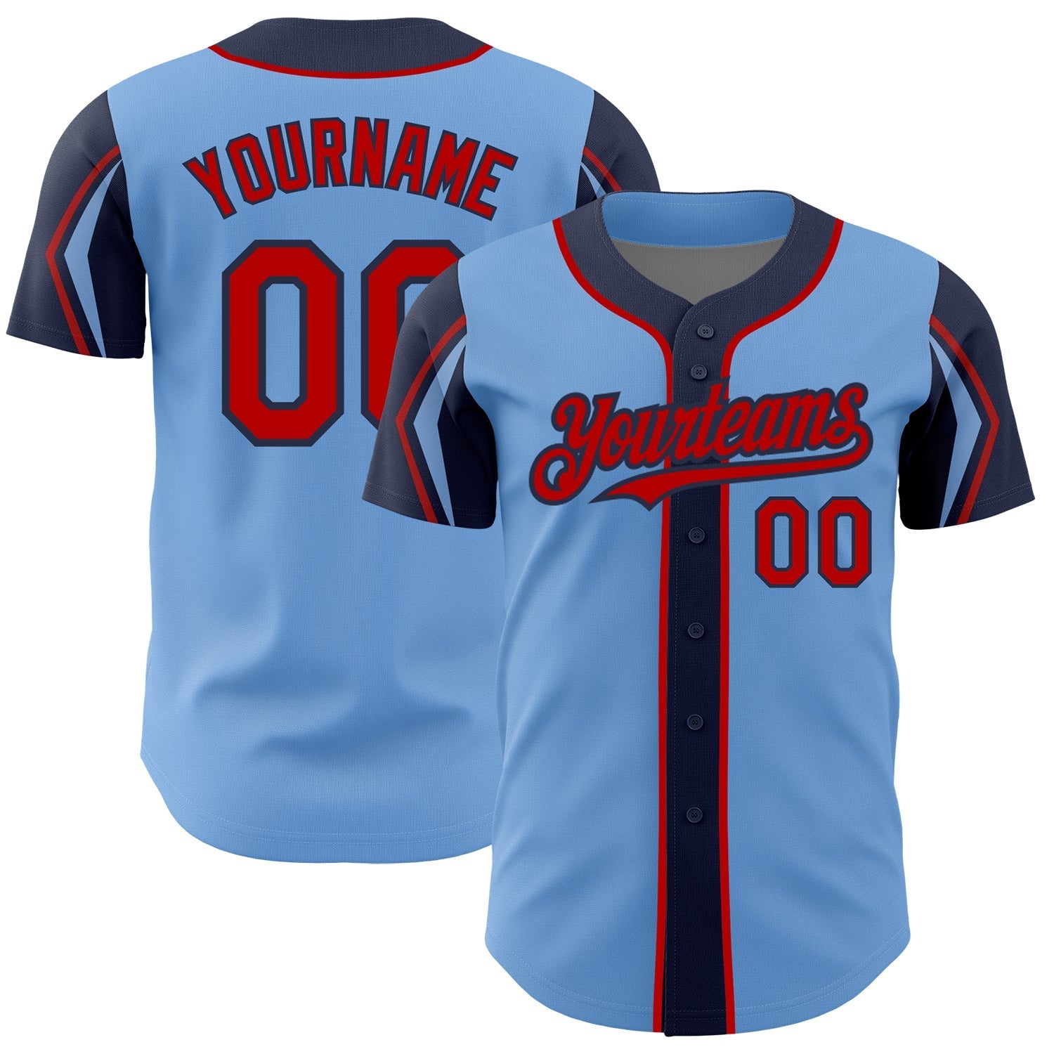Custom Light Blue Red-Navy 3 Colors Arm Shapes Authentic Baseball Jersey baseball jersey product view 1