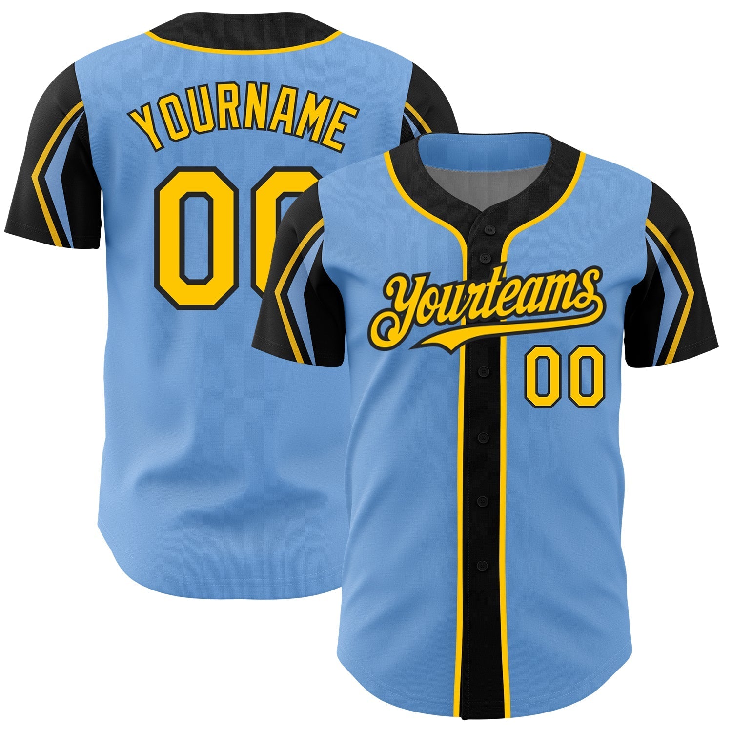 Custom Light Blue Yellow-Black 3 Colors Arm Shapes Authentic Baseball Jersey baseball jersey product view 1