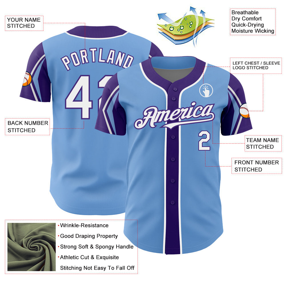 Custom Light Blue White-Purple 3 Colors Arm Shapes Authentic Baseball Jersey baseball jersey product view 4