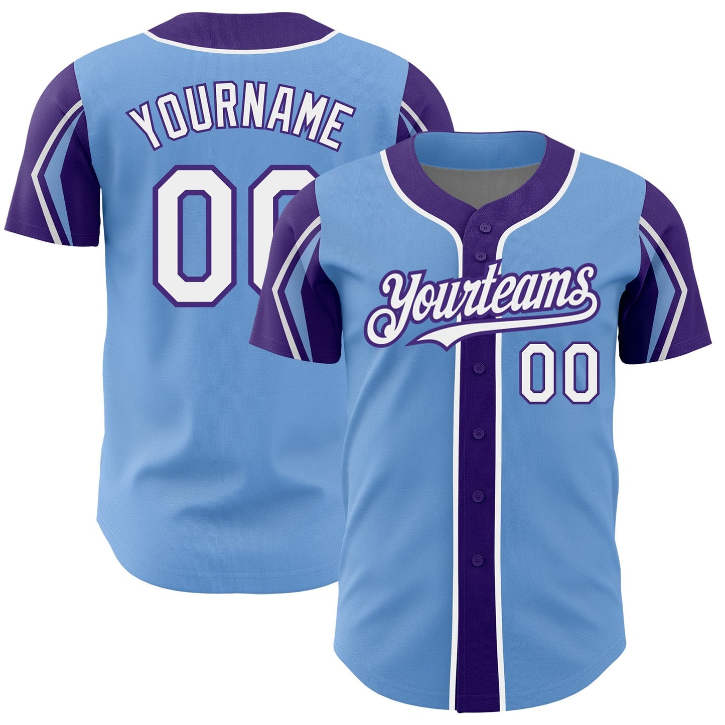 Custom Light Blue White-Purple 3 Colors Arm Shapes Authentic Baseball Jersey baseball jersey product view 1