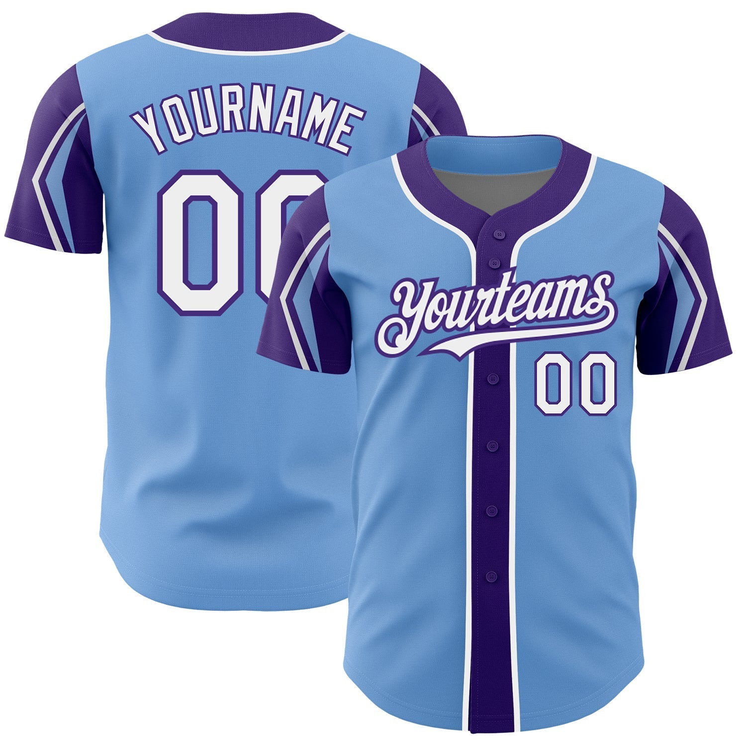 Custom Light Blue White-Purple 3 Colors Arm Shapes Authentic Baseball Jersey baseball jersey product view 1