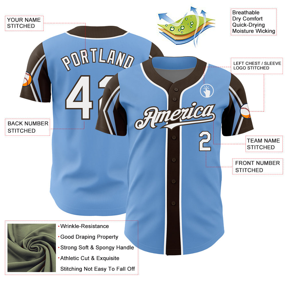 Custom Light Blue White-Brown 3 Colors Arm Shapes Authentic Baseball Jersey baseball jersey product view 4