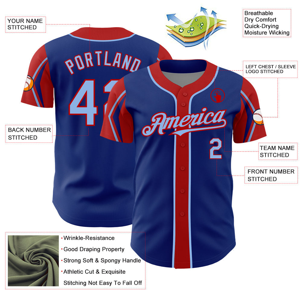 Custom Royal Light Blue-Red 3 Colors Arm Shapes Authentic Baseball Jersey baseball jersey product view 4