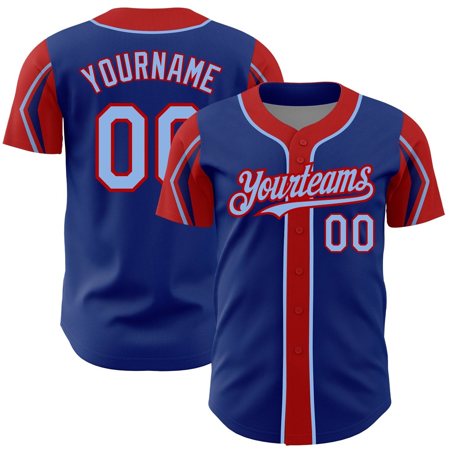 Custom Royal Light Blue-Red 3 Colors Arm Shapes Authentic Baseball Jersey baseball jersey product view 1