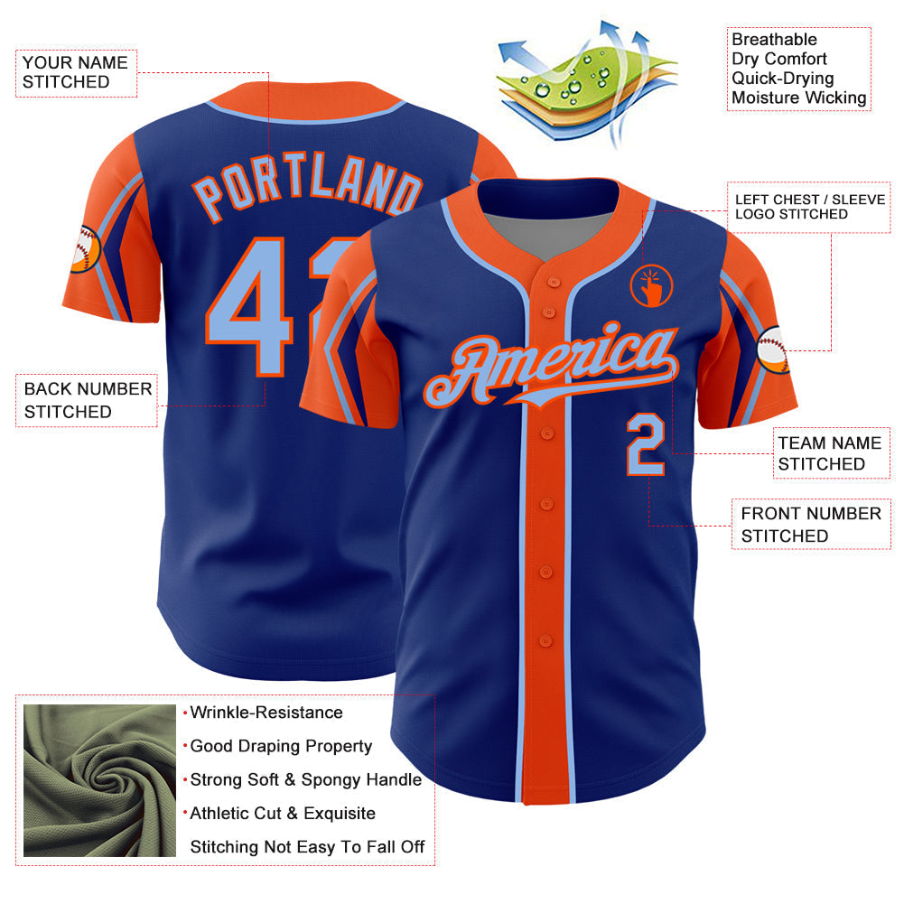 Custom Royal Light Blue-Orange 3 Colors Arm Shapes Authentic Baseball Jersey baseball jersey product view 4