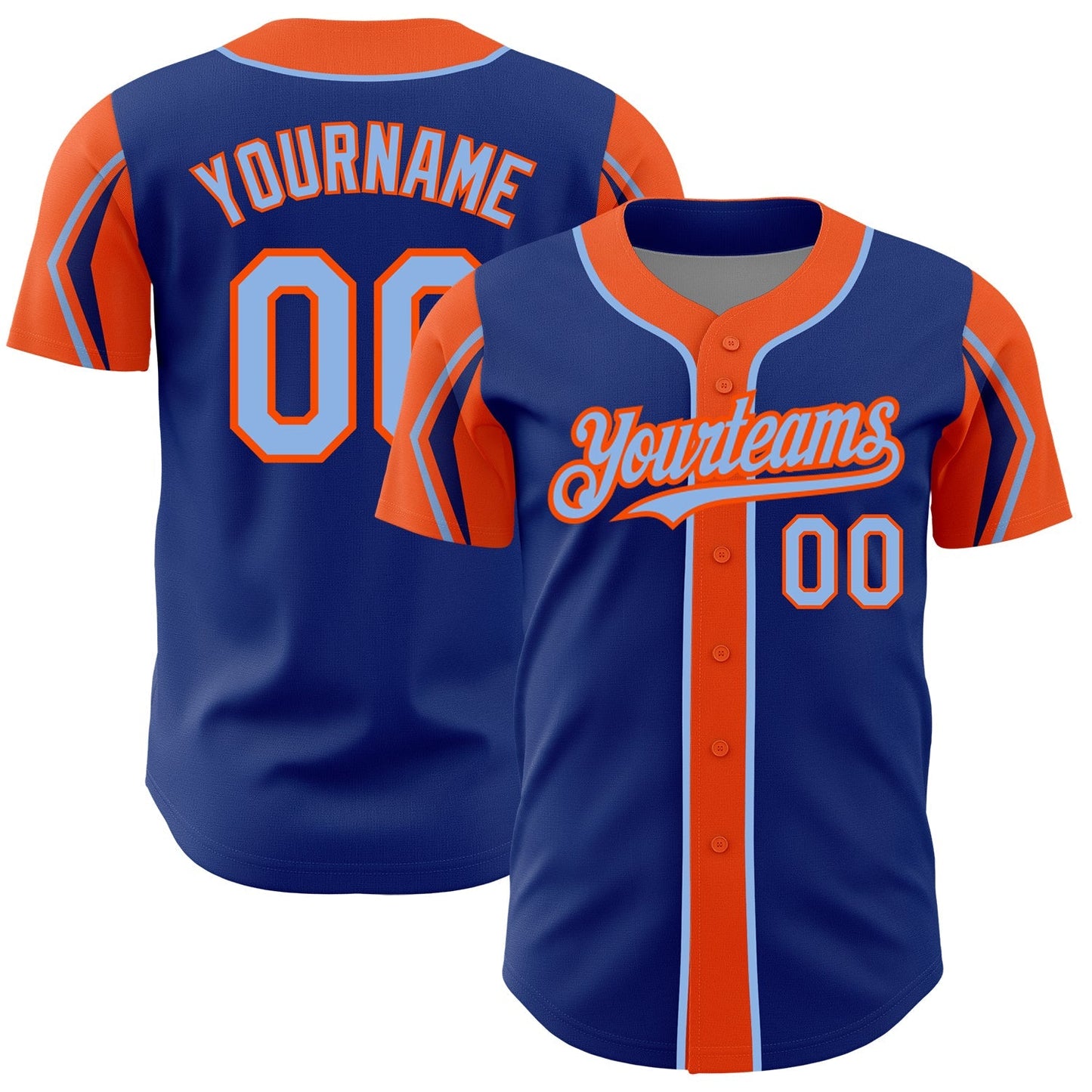Custom Royal Light Blue-Orange 3 Colors Arm Shapes Authentic Baseball Jersey baseball jersey product view 1
