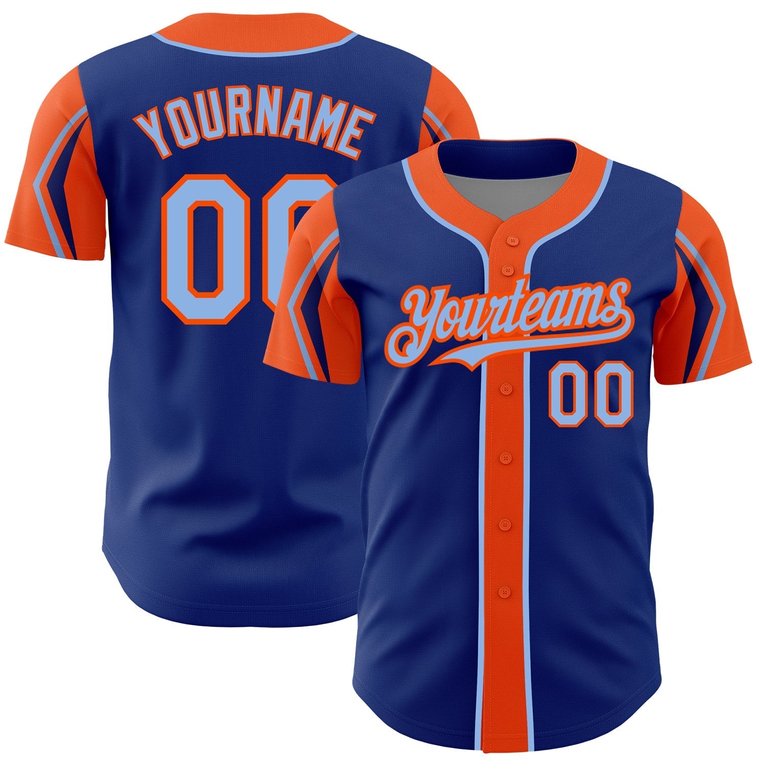Custom Royal Light Blue-Orange 3 Colors Arm Shapes Authentic Baseball Jersey baseball jersey product view 1