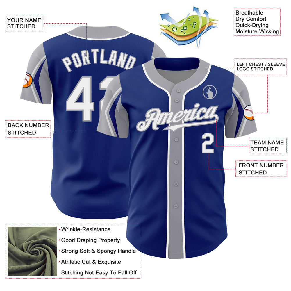 Custom Royal White-Gray 3 Colors Arm Shapes Authentic Baseball Jersey baseball jersey product view 4