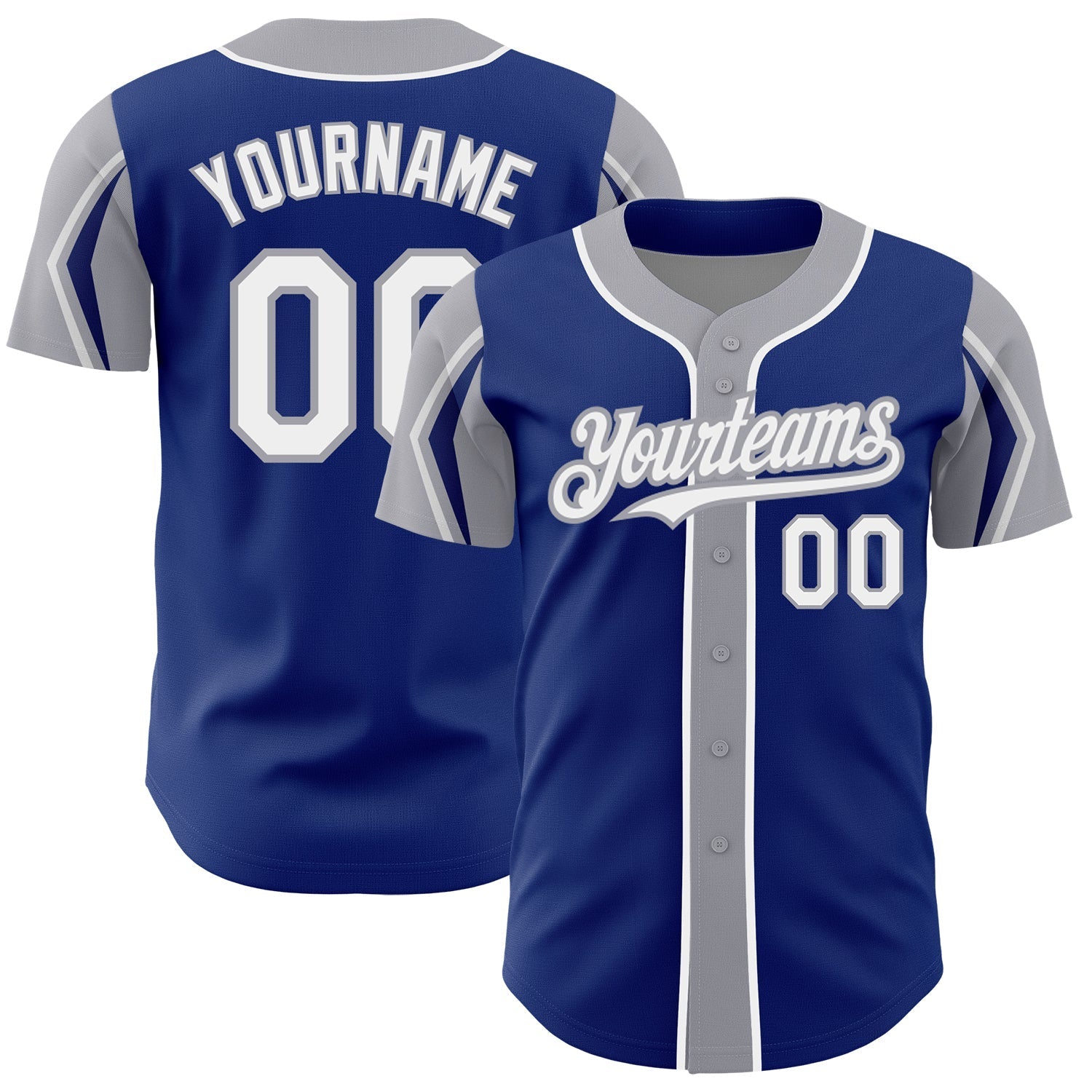 Custom Royal White-Gray 3 Colors Arm Shapes Authentic Baseball Jersey baseball jersey product view 1
