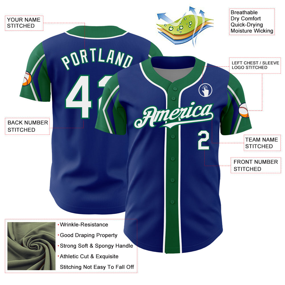Custom Royal White-Kelly Green 3 Colors Arm Shapes Authentic Baseball Jersey baseball jersey product view 4