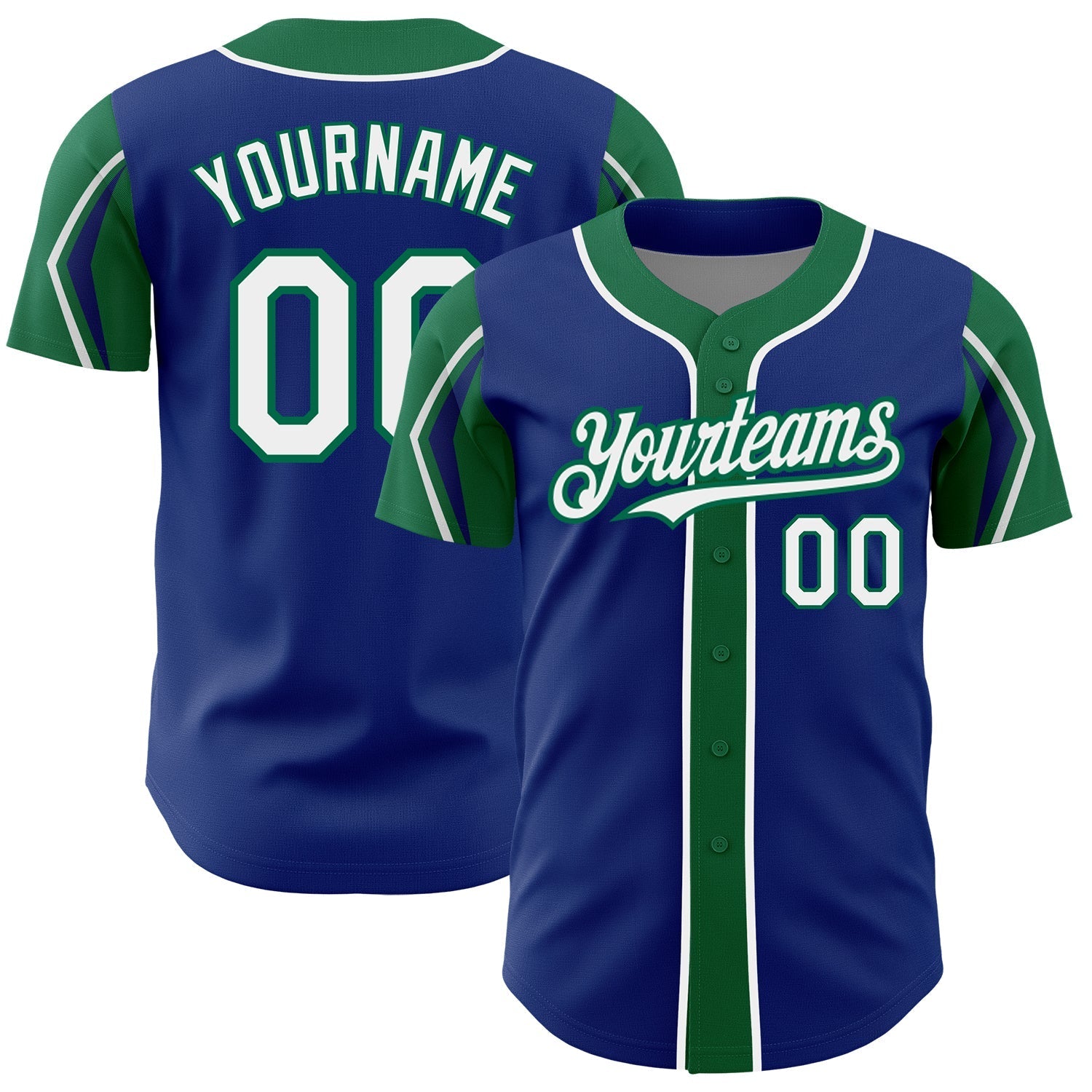 Custom Royal White-Kelly Green 3 Colors Arm Shapes Authentic Baseball Jersey baseball jersey product view 1