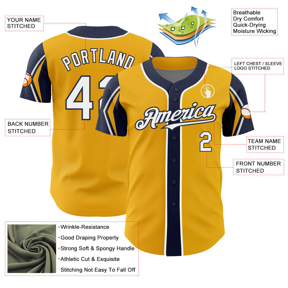 Custom Gold White-Navy 3 Colors Arm Shapes Authentic Baseball Jersey baseball jersey product view 4
