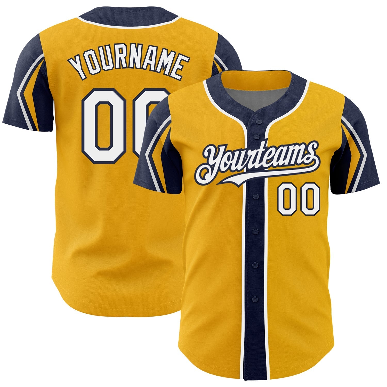 Custom Gold White-Navy 3 Colors Arm Shapes Authentic Baseball Jersey baseball jersey product view 1