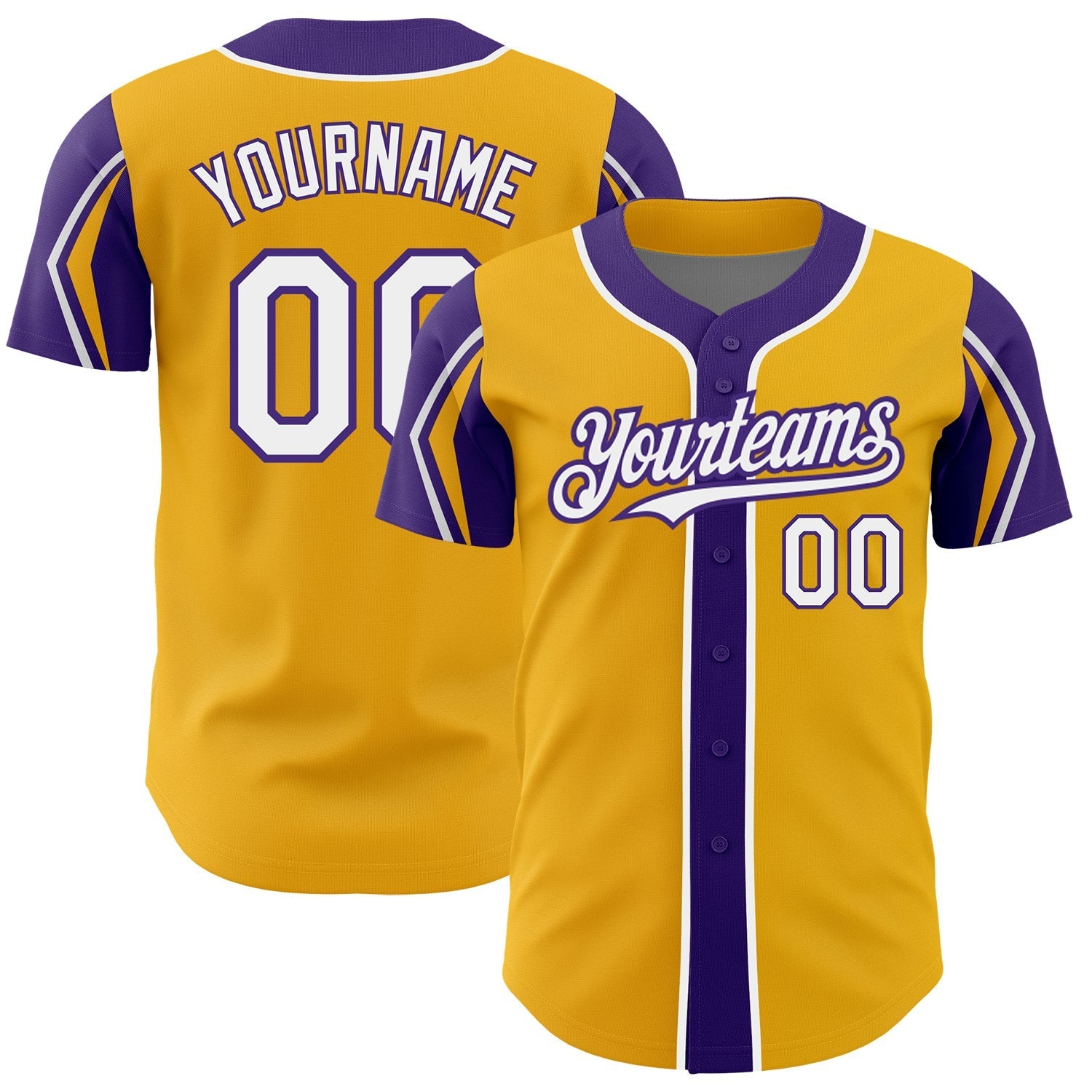 Custom Gold White-Purple 3 Colors Arm Shapes Authentic Baseball Jersey baseball jersey product view 1