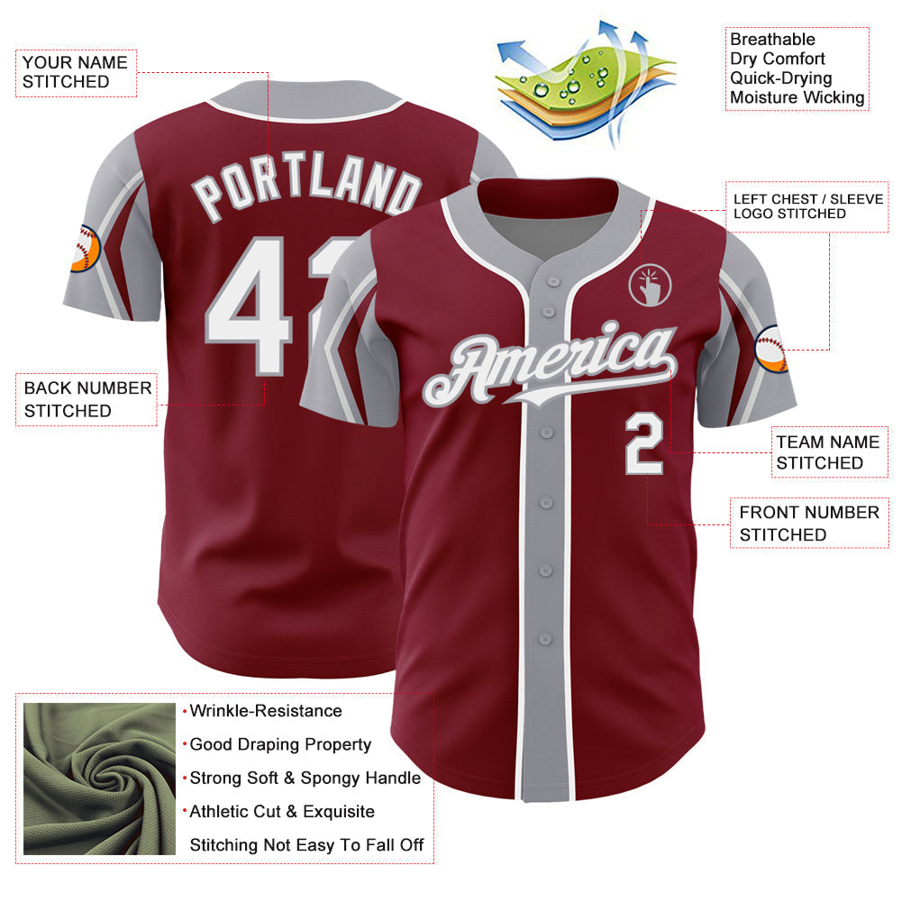 Custom Crimson White-Gray 3 Colors Arm Shapes Authentic Baseball Jersey baseball jersey product view 4