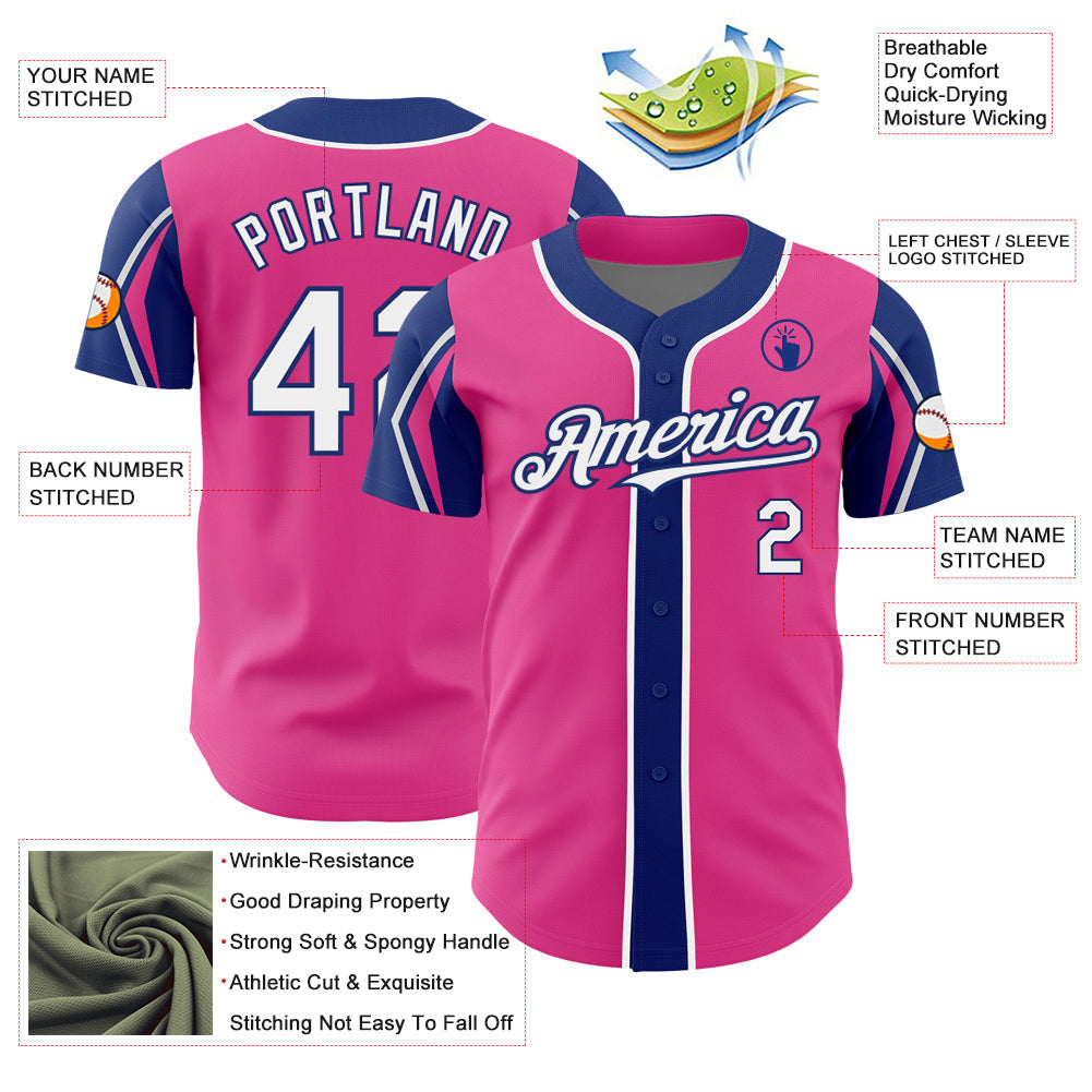 Custom Pink White-Royal 3 Colors Arm Shapes Authentic Baseball Jersey baseball jersey product view 4