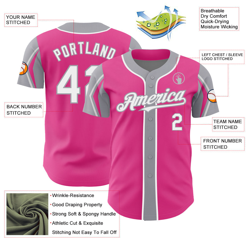 Custom Pink White-Gray 3 Colors Arm Shapes Authentic Baseball Jersey baseball jersey product view 4