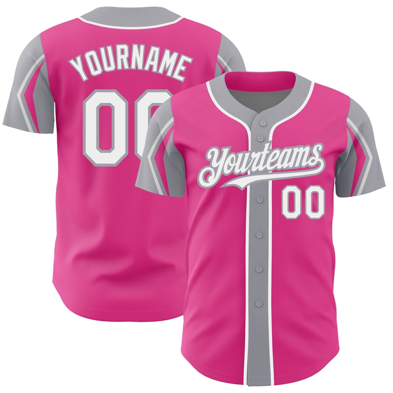 Custom Pink White-Gray 3 Colors Arm Shapes Authentic Baseball Jersey baseball jersey product view 1