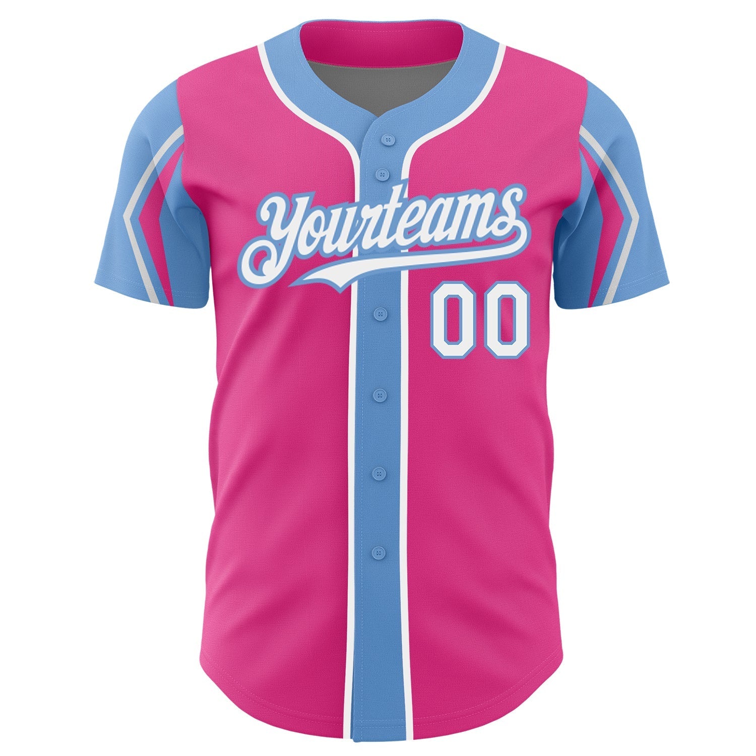 Custom Pink White-Light Blue 3 Colors Arm Shapes Authentic Baseball Jersey baseball jersey product view 3