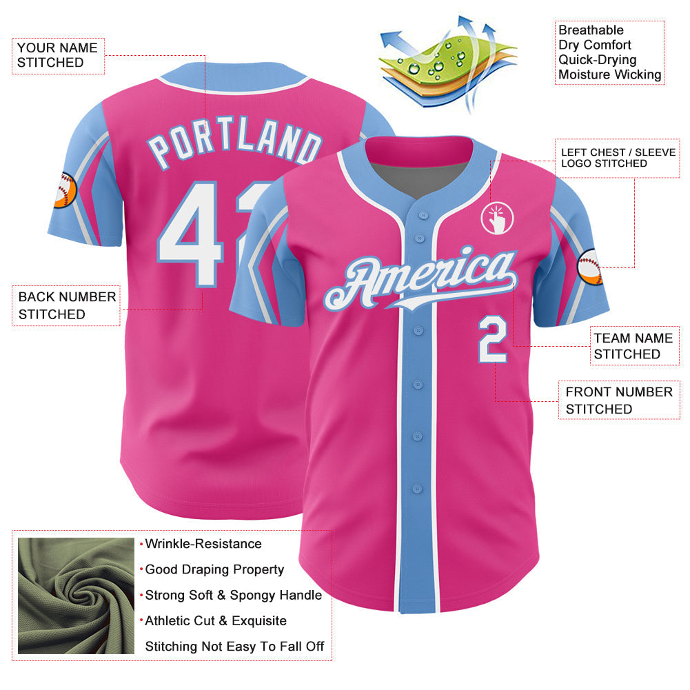 Custom Pink White-Light Blue 3 Colors Arm Shapes Authentic Baseball Jersey baseball jersey product view 4