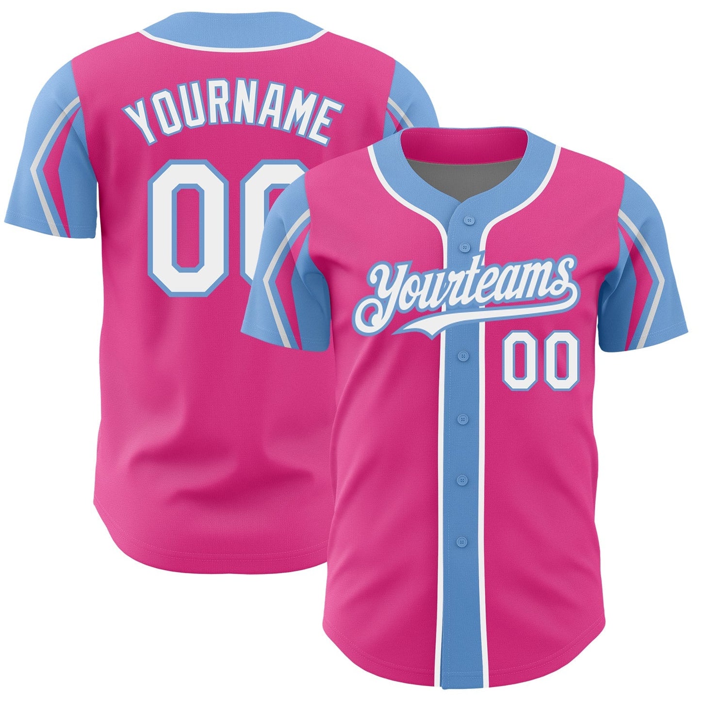 Custom Pink White-Light Blue 3 Colors Arm Shapes Authentic Baseball Jersey baseball jersey product view 1