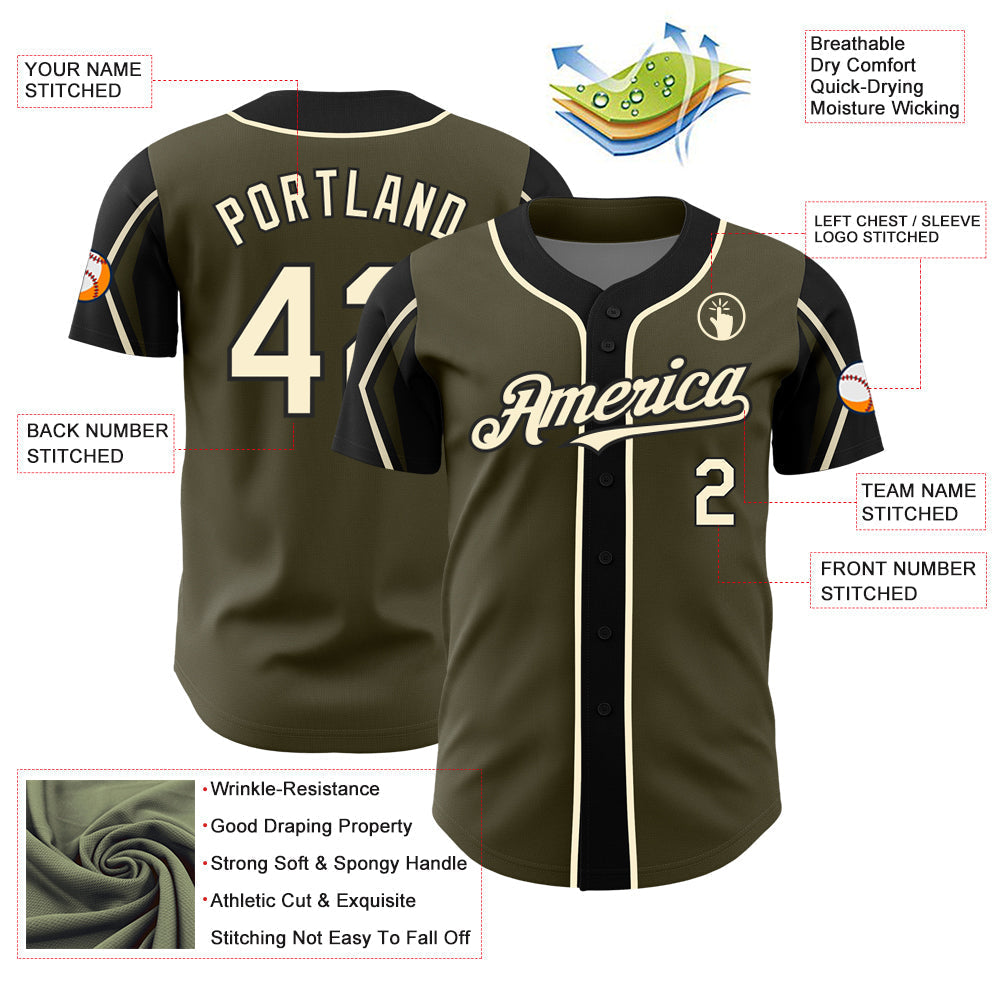 Custom Olive Cream-Black 3 Colors Arm Shapes Authentic Salute To Service Baseball Jersey baseball jersey product view 4