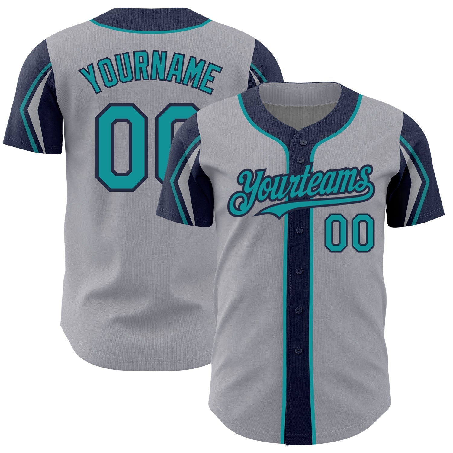 Custom Gray Teal-Navy 3 Colors Arm Shapes Authentic Baseball Jersey baseball jersey product view 1