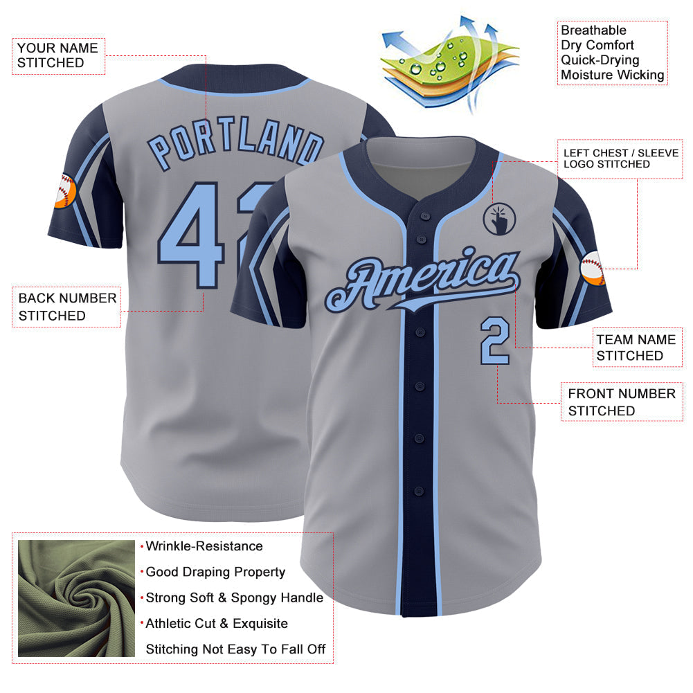 Custom Gray Light Blue-Navy 3 Colors Arm Shapes Authentic Baseball Jersey baseball jersey product view 4