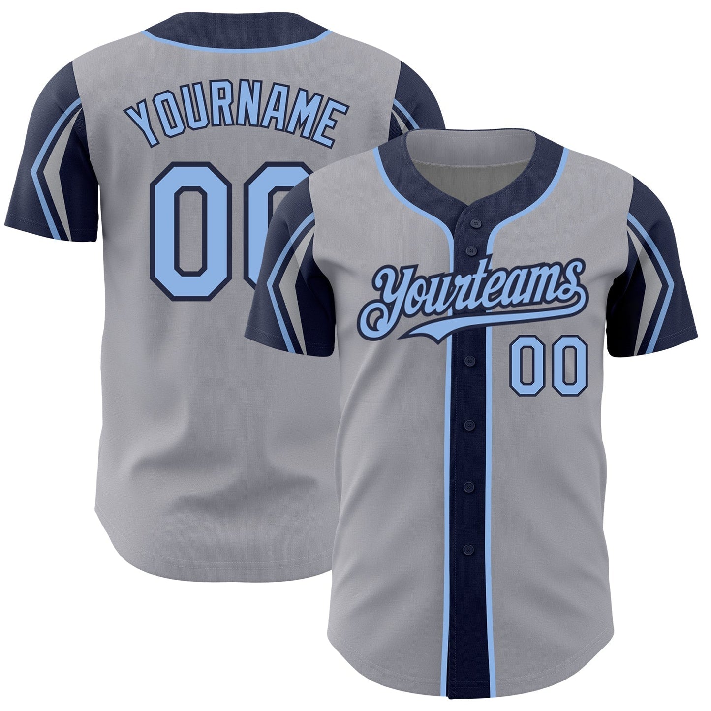 Custom Gray Light Blue-Navy 3 Colors Arm Shapes Authentic Baseball Jersey baseball jersey product view 1