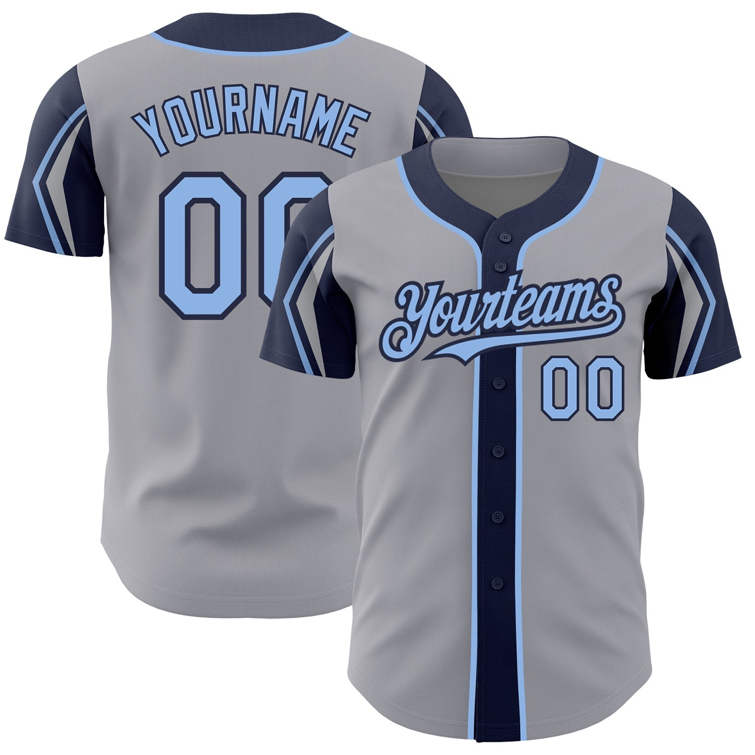 Custom Gray Light Blue-Navy 3 Colors Arm Shapes Authentic Baseball Jersey baseball jersey product view 1