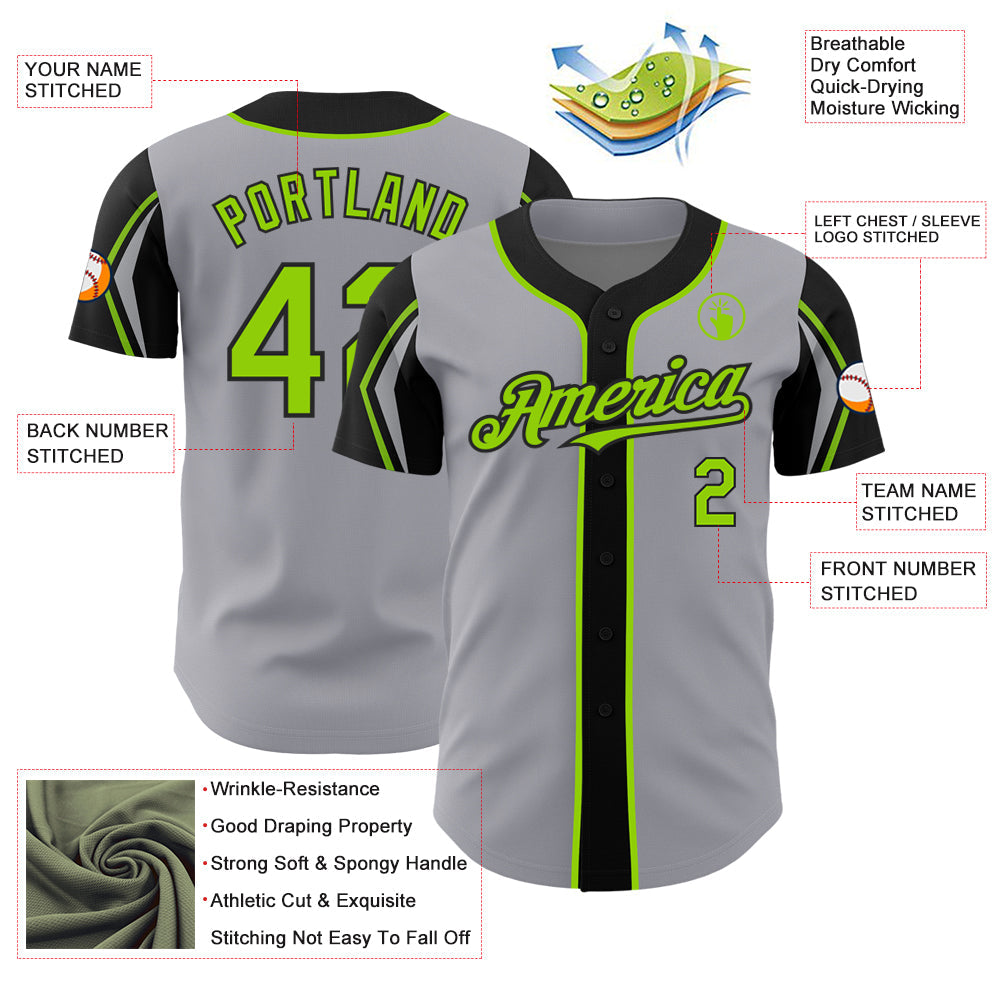 Custom Gray Neon Green-Black 3 Colors Arm Shapes Authentic Baseball Jersey baseball jersey product view 4