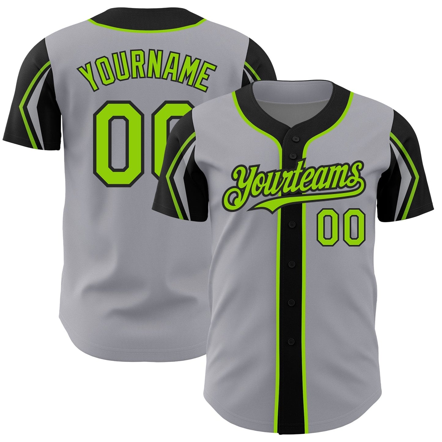 Custom Gray Neon Green-Black 3 Colors Arm Shapes Authentic Baseball Jersey baseball jersey product view 1