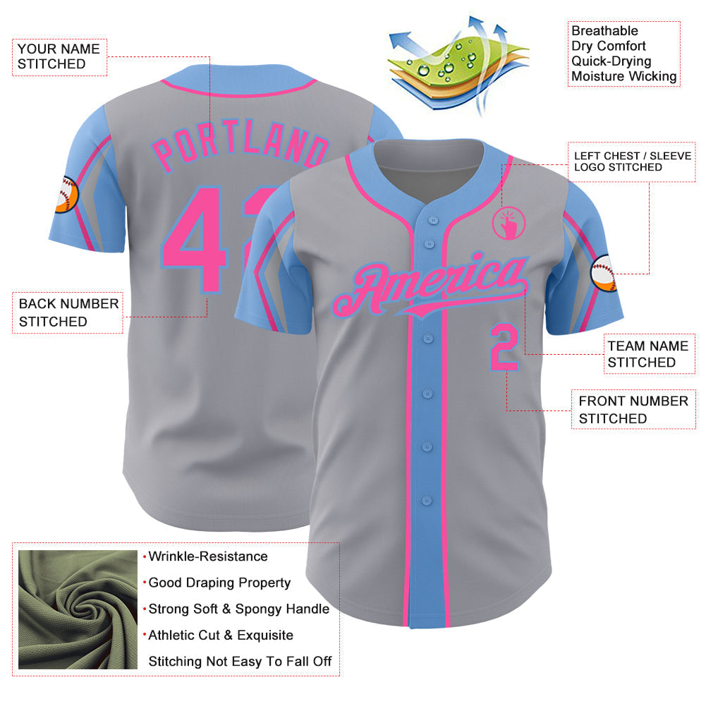 Custom Gray Pink-Light Blue 3 Colors Arm Shapes Authentic Baseball Jersey baseball jersey product view 4