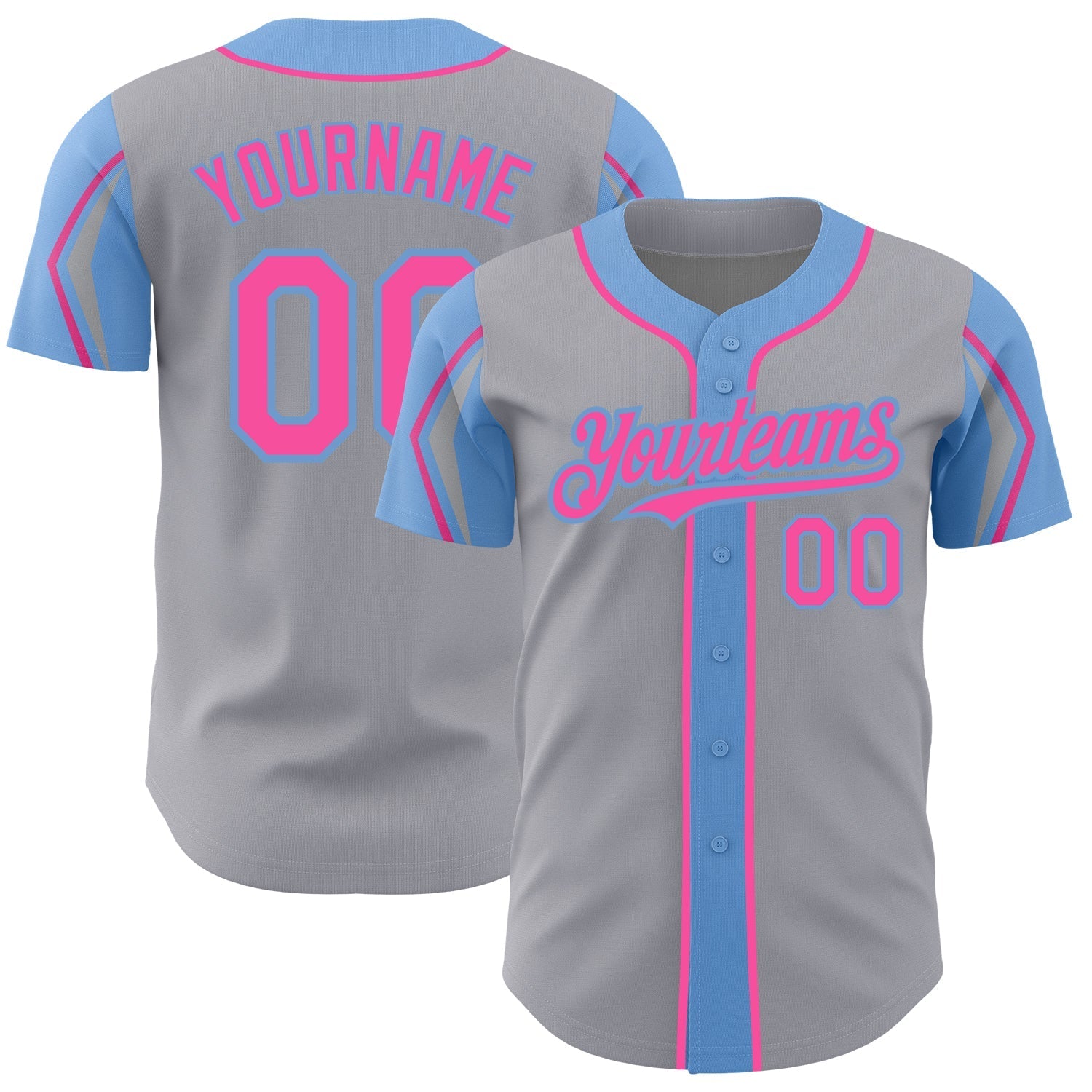 Custom Gray Pink-Light Blue 3 Colors Arm Shapes Authentic Baseball Jersey baseball jersey product view 1