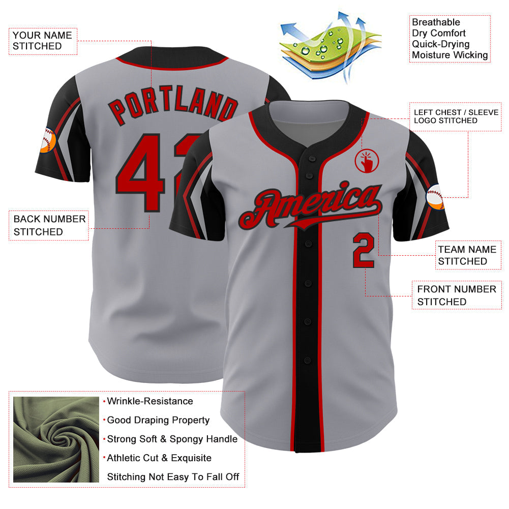 Custom Gray Red-Black 3 Colors Arm Shapes Authentic Baseball Jersey baseball jersey product view 4