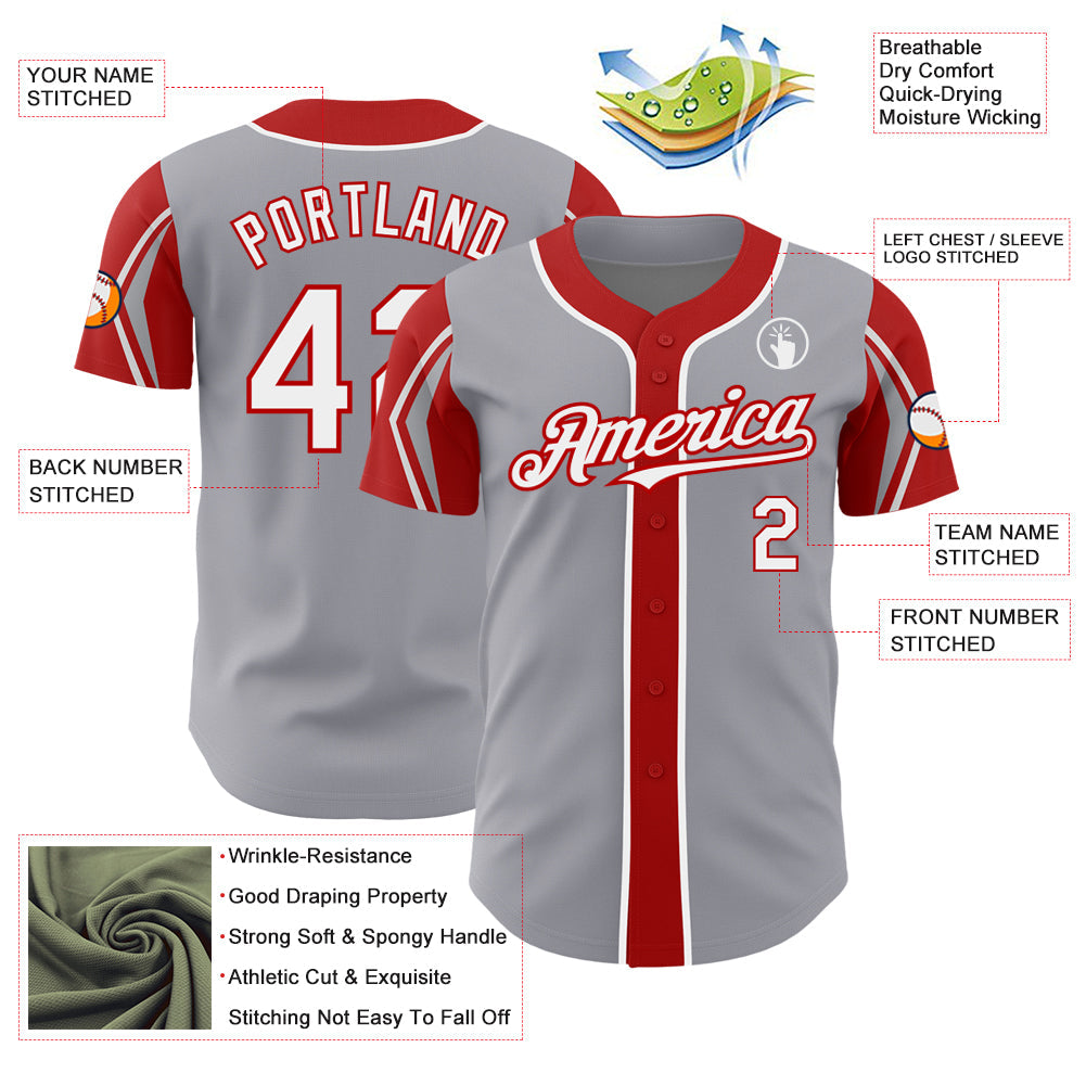 Custom Gray White-Red 3 Colors Arm Shapes Authentic Baseball Jersey baseball jersey product view 4