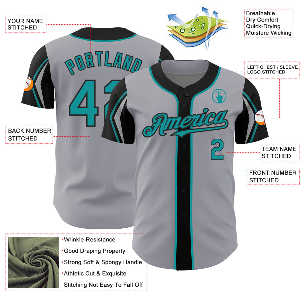 Custom Gray Teal-Black 3 Colors Arm Shapes Authentic Baseball Jersey baseball jersey product view 4