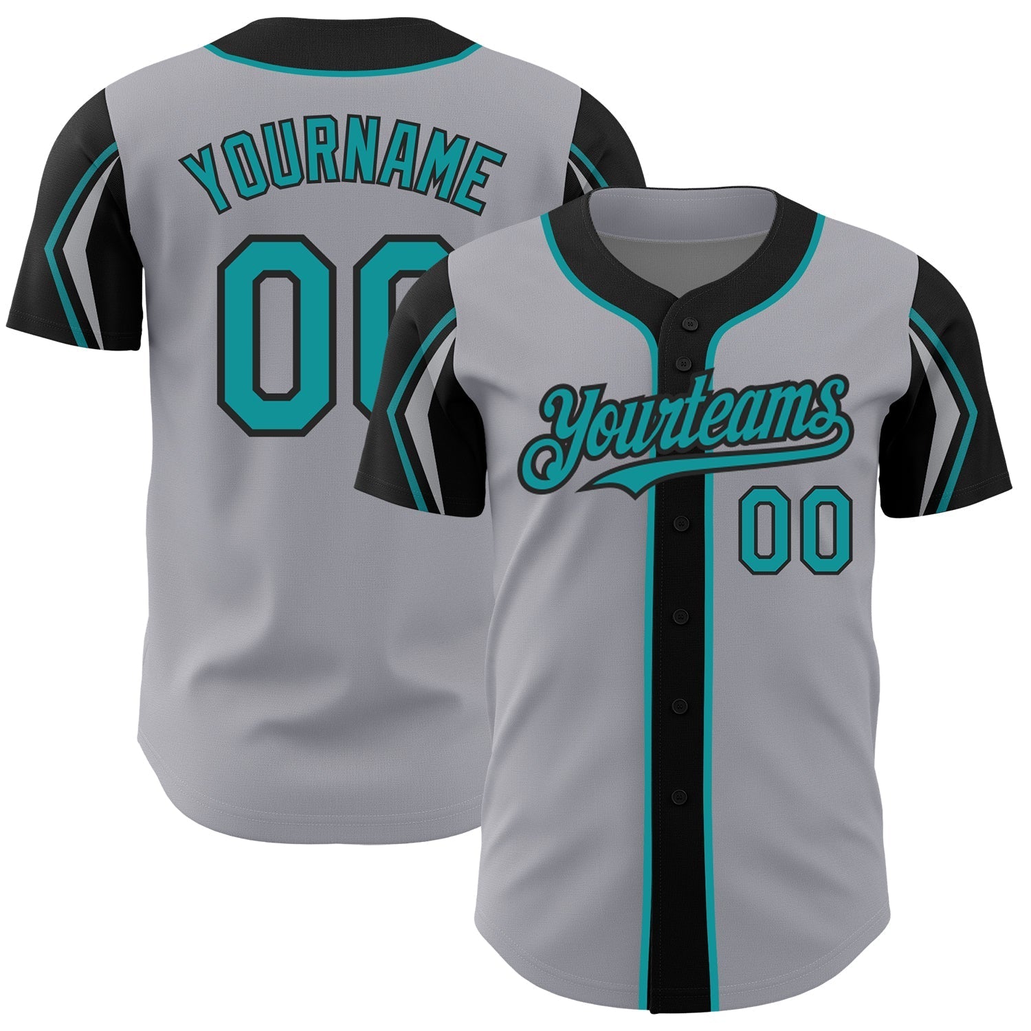 Custom Gray Teal-Black 3 Colors Arm Shapes Authentic Baseball Jersey baseball jersey product view 1
