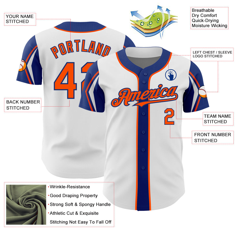 Custom White Orange-Royal 3 Colors Arm Shapes Authentic Baseball Jersey baseball jersey product view 4