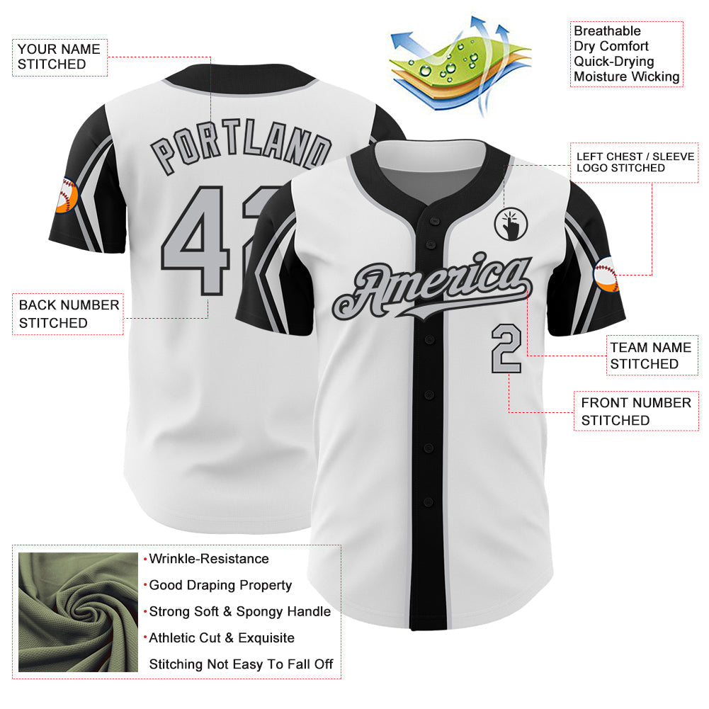Custom White Gray-Black 3 Colors Arm Shapes Authentic Baseball Jersey baseball jersey product view 4